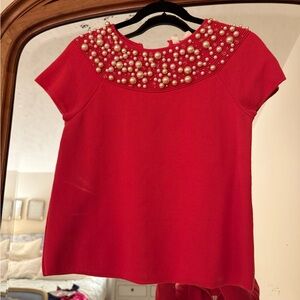 Red Pearl Embellished Women's Top